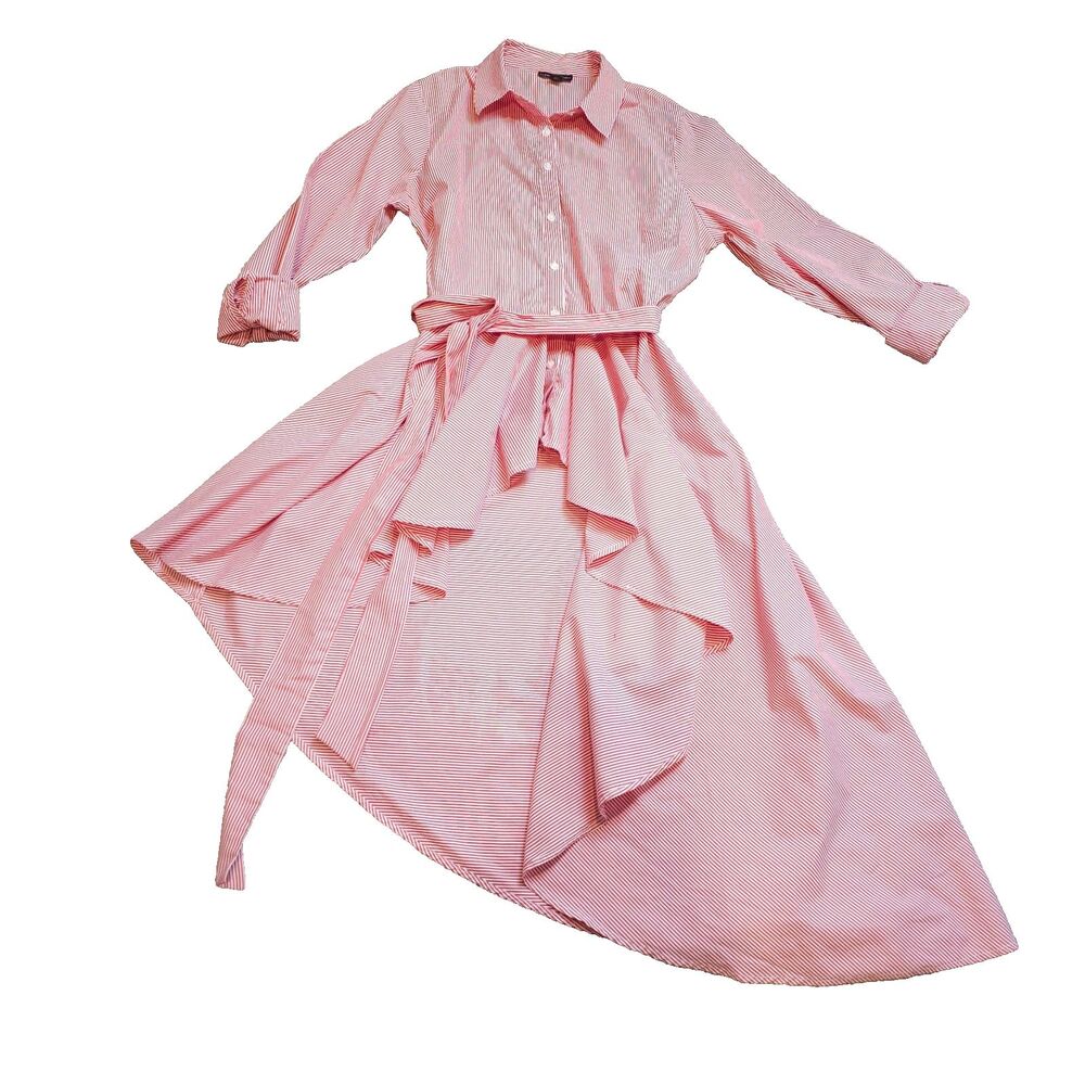 THREAD STORY striped shirt dress asymmetrical hem tie waist preppy hi-low size L